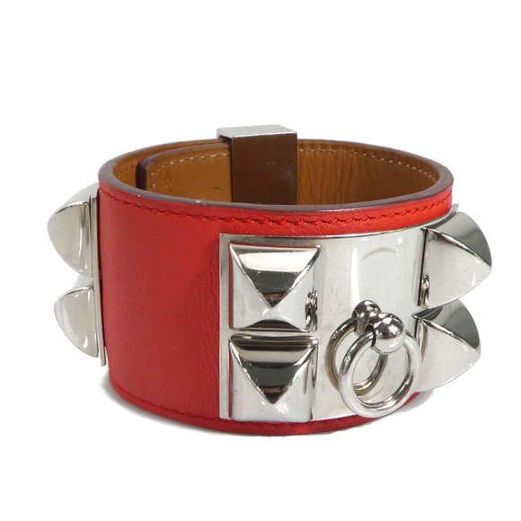 Hermes HERMES Bracelet Collier de Chien Leather Metal Pink Orange Silver Wome... - Picture 1 of 5